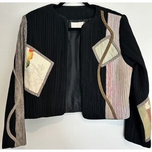 Cache Vtg Silk Pleated Leather Cropped Open Front Jacket Y2K Black Maximalist  L
